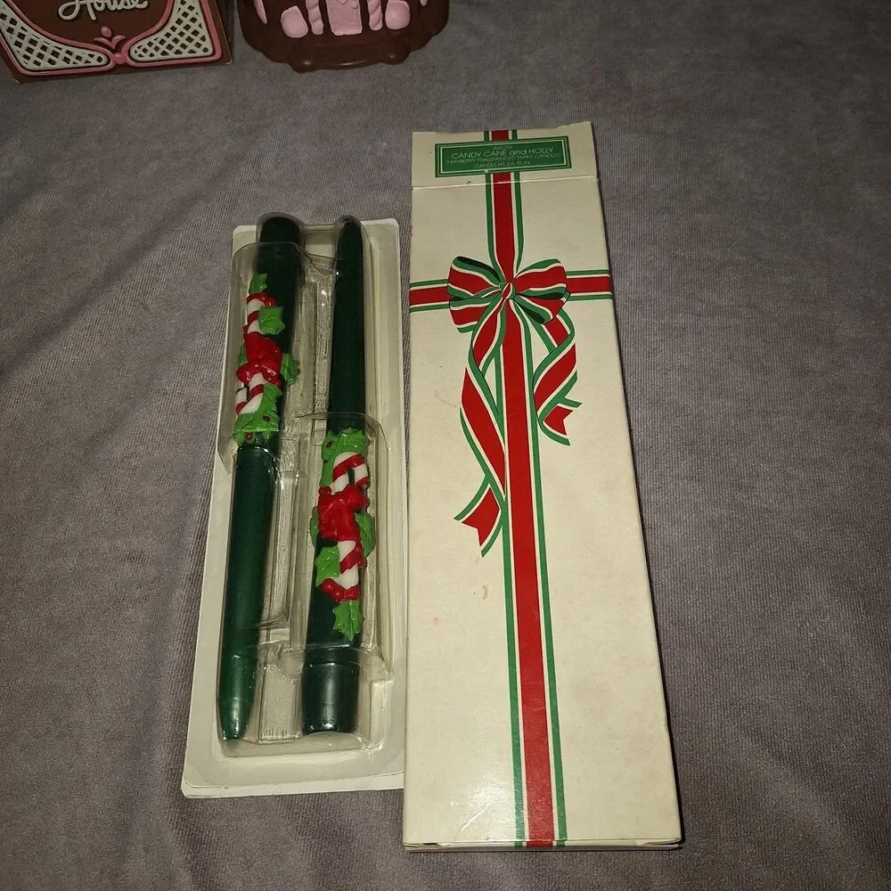Avon Candy Cane & Holly 2 Bayberry Fragrance Taper Candles & Gingerbread House